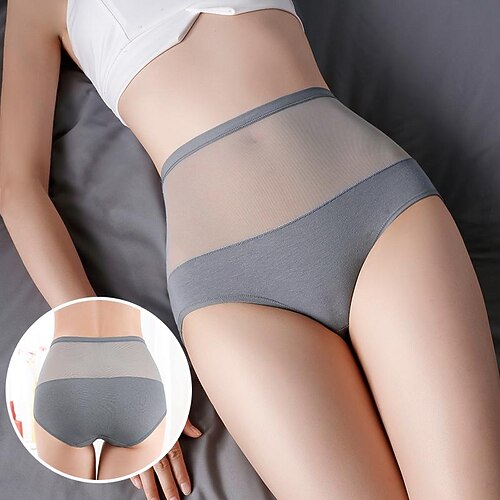 

high waist panties for women plus size comfortable and breathable solid color simple butt-lifting abdomen sexy mesh women's briefs