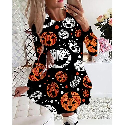 

Women's Casual Dress Swing Dress Short Mini Dress Yellow Orange White Black Long Sleeve Skull Pumpkin Print Fall Winter Round Neck Vacation Casual Halloween 2022 S M L XL 2XL 3XL 4XL 5XL 6XL
