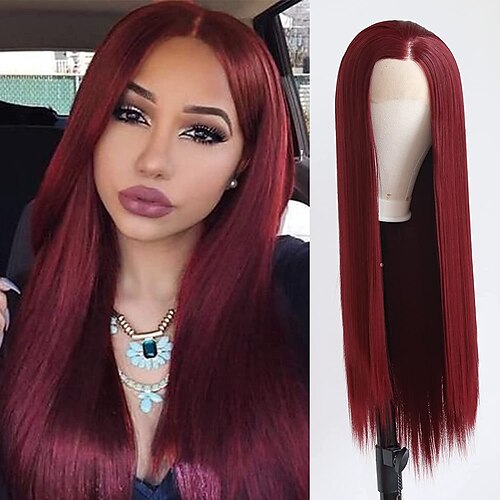 

Burgundy Color Wig Straight Long Synthetic Lace Front Wigs for Women Wine Red Hand Tied Heat Resistant Fiber Hair Middle Part Daily Cosplay Wigs