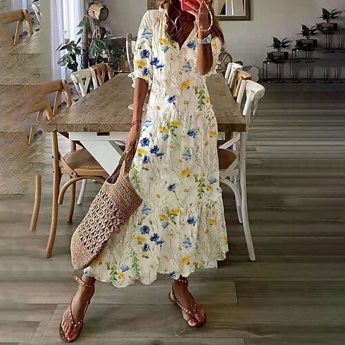 

Women's A Line Dress Floral Dress Maxi long Dress White Blue Half Sleeve Floral Print Fall Winter V Neck Stylish Modern 2022 S M L XL XXL 3XL