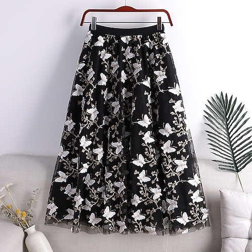 

Women's Skirt Swing Midi Polyester Beige Gray Black Skirts Spring & Fall Embroidered Flower Layered Lined Elegant Long Daily Date One-Size