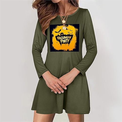 

Women's T Shirt Dress Tee Dress A Line Dress Short Mini Dress Green White Black Yellow Orange Long Sleeve Skull Letter Pumpkin Print Fall Winter Crew Neck Fashion Casual Modern Halloween 2022 S M L