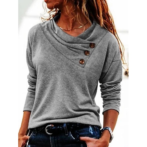 

Women's T shirt Tee Gray Plain Button Print Long Sleeve Casual Weekend Basic V Neck Regular S