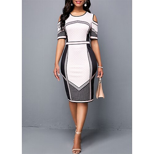 

Women's Bodycon Sheath Dress Knee Length Dress Blue-Green White Pink Short Sleeve Geometric Color Block Patchwork Cold Shoulder Print Spring Summer Crew Neck Stylish Formal 2022 S M L XL 2XL 3XL 4XL