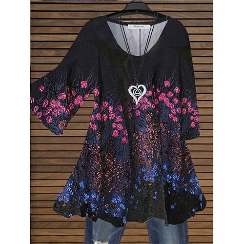 

Women's Plus Size Tops Blouse Shirt Floral Print 3/4 Length Sleeve Crewneck Casual Daily Holiday Cotton Spandex Jersey Fall Winter Navy Blue