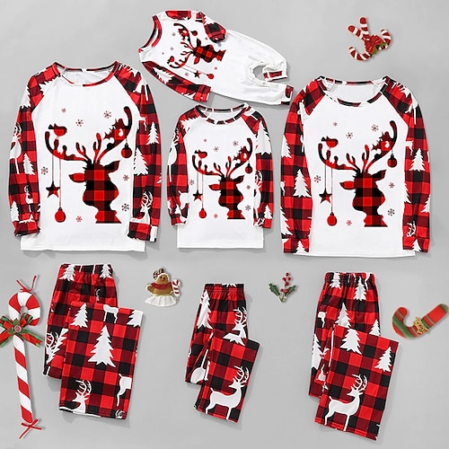 

Family Look Christmas Pajamas Plaid Deer Christmas Tree Causal Patchwork White Long Sleeve Daily Matching Outfits / Spring / Fall / Print