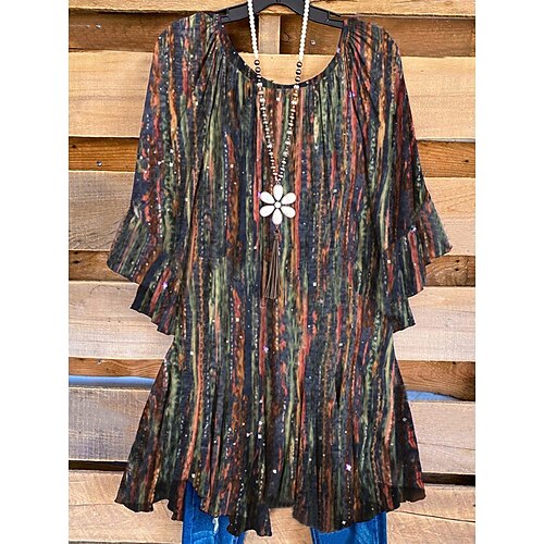 

Women's Plus Size Tops Tunic Color Gradient Ruched Print 3/4 Length Sleeve Crew Neck Casual Daily Vacation Polyester Fall Winter Rainbow