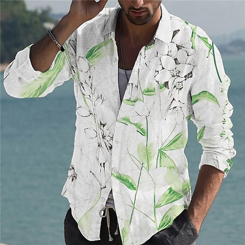 

Men's Shirt Graphic Shirt Floral Turndown Green 3D Print Outdoor Street Button-Down Print Clothing Apparel Fashion Designer Casual Breathable / Long Sleeve / Long Sleeve
