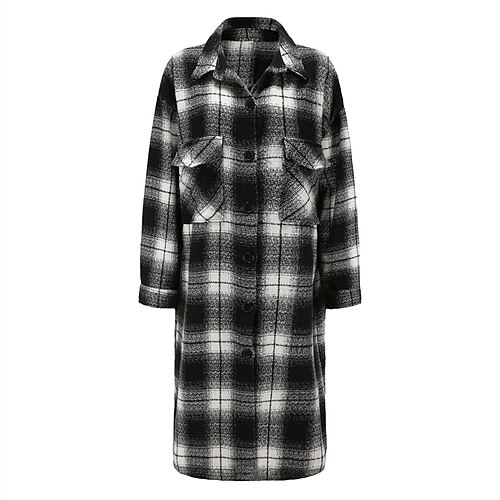 

Women's Winter Coat Warm Breathable Street Holiday Daily Wear Going out Button Pocket Single Breasted Turndown Active Comfortable Street Style Shacket Plaid Regular Fit Outerwear Long Sleeve Winter