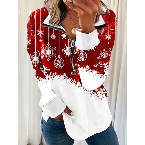 

Women's Hoodie Sweatshirt Pullover Streetwear Casual Quarter Zip Print Green Blue Yellow Snowflake Christmas Standing Collar Long Sleeve S M L XL 2XL / Weekend