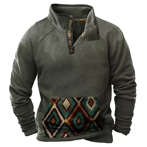 

Men's Sweatshirt Pullover Blue Army Green Standing Collar Geometric Graphic Prints Print Sports Outdoor Streetwear Vintage Streetwear Casual Spring Clothing Apparel Hoodies Sweatshirts Long Sleeve