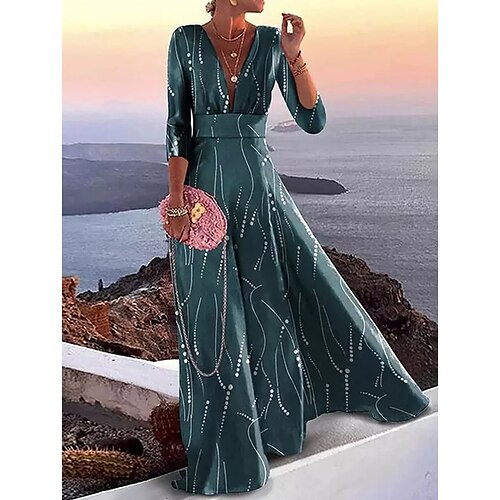 

Women's Party Dress Swing Dress Long Dress Maxi Dress Dark Green 3/4 Length Sleeve Print Winter Fall Autumn V Neck Modern Party Wedding Guest 2022 S M L XL 2XL 3XL