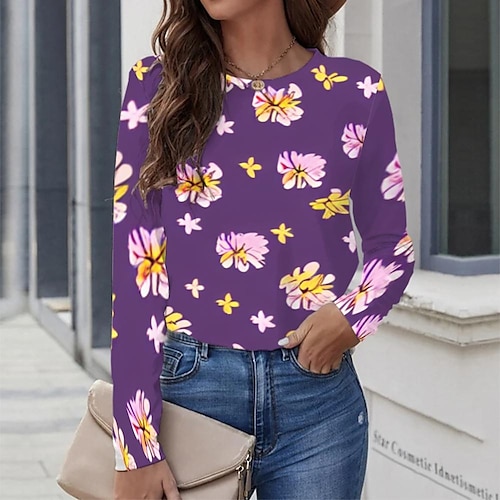 

Women's T shirt Tee Purple Graphic Geometric Print Long Sleeve Casual Daily Vintage Round Neck Regular Geometric Painting S / 3D Print