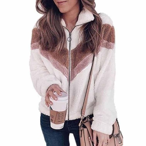 

2021 Autumn And Winter New European And American Cross-Border Foreign Trade Women's Plush Sweater Zipper Cardigan Contrast Color Woolen Coat Top