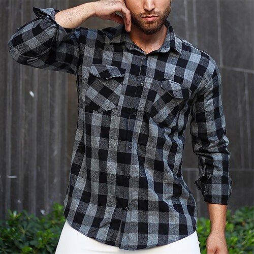

Men's Flannel Shirt Shirt Jacket Shacket Shirt Plaid Turndown Black / Gray Print Street Daily Long Sleeve Button-Down Clothing Apparel Casual Comfortable Pocket