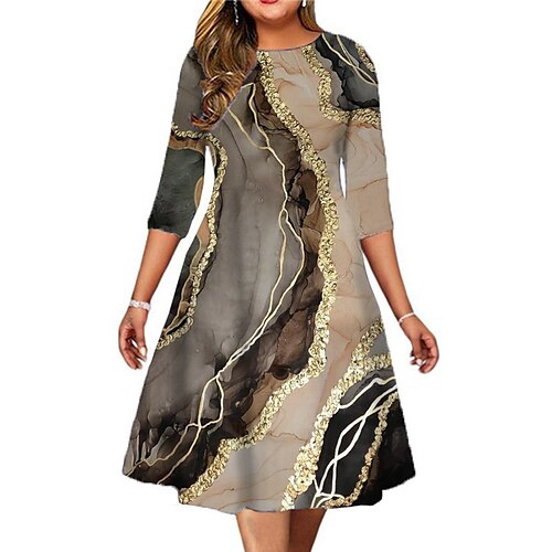 

Women's Plus Size Work Dress Color Gradient Round Neck 3/4 Length Sleeve Fall Winter Stylish Work Midi Dress Vacation Going out Dress