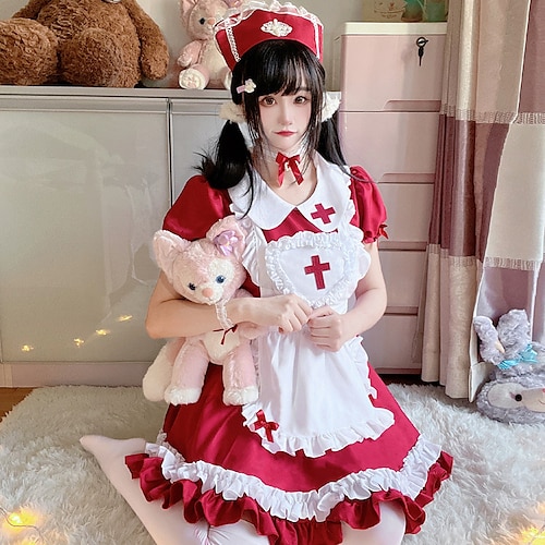 

Lolita Maid Princess Lolita Maid Uniforms Lolita Dress Cosplay Costume Masquerade Maid Suits Women's Japanese Cosplay Costumes Rosy Pink / Red / Light Blue Solid Color Puff Sleeve Short Sleeve