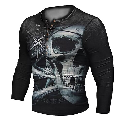 

Men's T shirt Tee Henley Shirt Tee Graphic Skull Henley Black 3D Print Plus Size Outdoor Daily Long Sleeve Button-Down Print Clothing Apparel Basic Designer Classic Comfortable / Sports