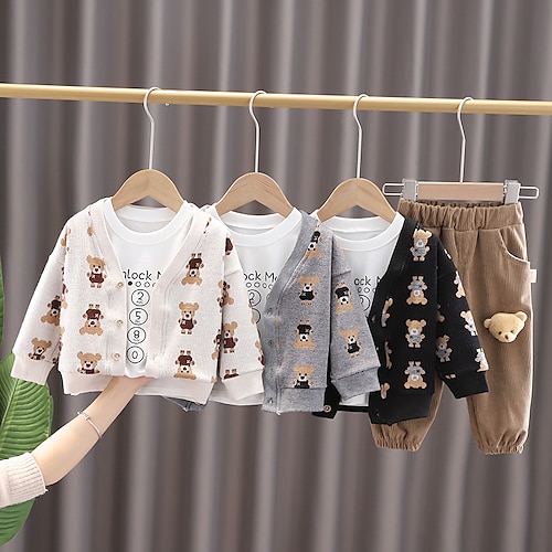 

Kids Boys T-shirt Pants Clothing Set 3 Pieces Long Sleeve Beige Gray Black Cartoon Bear Vacation Cool Casual 2-6 Years