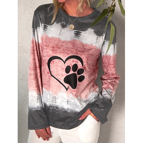 

Women's T shirt Tee Pink Heart Tie Dye Print Long Sleeve Daily Weekend Basic Round Neck Regular Painting S / 3D Print