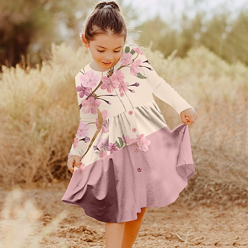 

Kids Girls' Dress Floral Shift Dress Above Knee Dress Daily Print Long Sleeve Cute Dress 3-10 Years Winter Pink