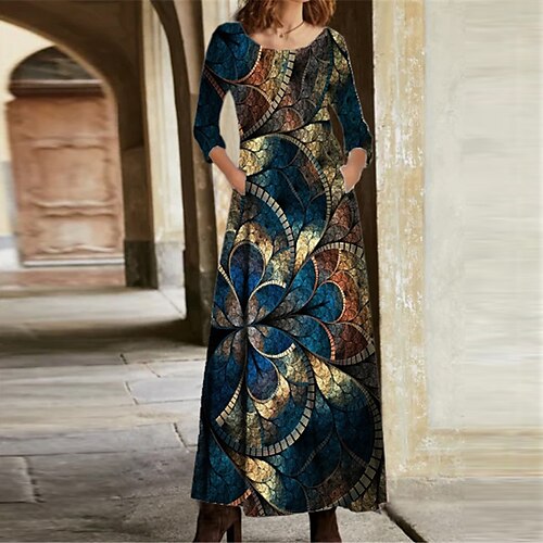 

Women's Casual Dress A Line Dress Maxi long Dress Blue Long Sleeve Floral Pocket Print Fall Winter V Neck Vacation Vintage Casual 2022 S M L XL XXL 3XL