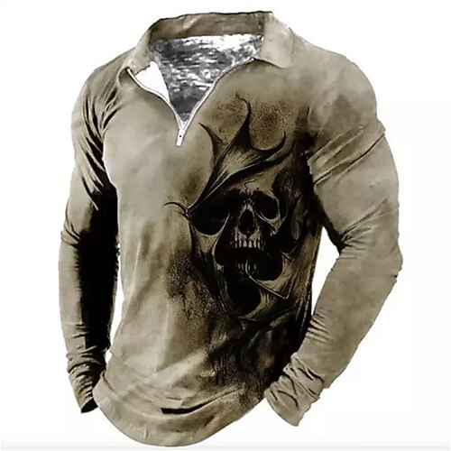 

Men's Collar Polo Shirt Golf Shirt Skull Turndown Khaki 3D Print Outdoor Street Long Sleeve Zipper Print Clothing Apparel Fashion Designer Casual Breathable
