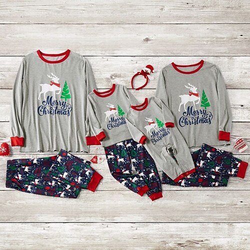 

Christmas Pajamas Family Set Ugly Deer Christmas Tree Christmas Gifts Gray Long Sleeve Mom Dad and Me Daily Matching Outfits