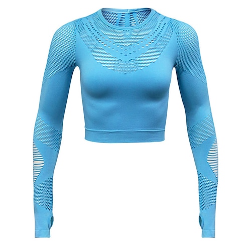 

Women's Crew Neck Yoga Top Crop Top Thumbhole Cut Out Solid Color Blue Yoga Fitness Gym Workout Top Long Sleeve Sport Activewear Breathable Quick Dry Lightweight Stretchy Slim / Cropped