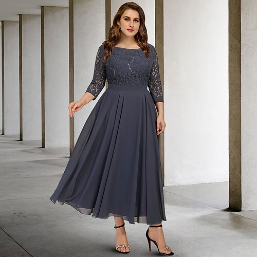 

A-Line Plus Size Curve Mother of the Bride Dresses Elegant Dress Formal Tea Length 3/4 Length Sleeve Jewel Neck Chiffon with Pleats 2022