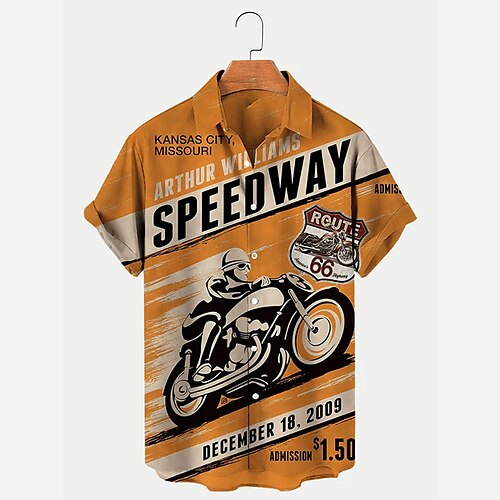 

Men's Shirt Graphic Shirt Letter Motorcycle Turndown Yellow 3D Print Outdoor Street Short Sleeves Button-Down Print Clothing Apparel Designer Casual Breathable / Summer / Spring / Summer