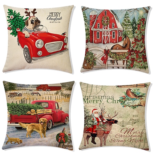 

Christmas Santa Claus Holiday Party Double Side Throw Pillow Cover 4PC Soft Decorative Square Cushion Pillowcase for Bedroom Livingroom Machine Washable Indoor Cushion for Sofa Couch Bed Chair