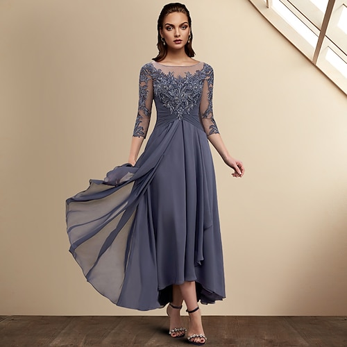 

A-Line Mother of the Bride Dress Plus Size Elegant Jewel Neck Asymmetrical Tea Length Chiffon Lace 3/4 Length Sleeve with Sequin Appliques 2022