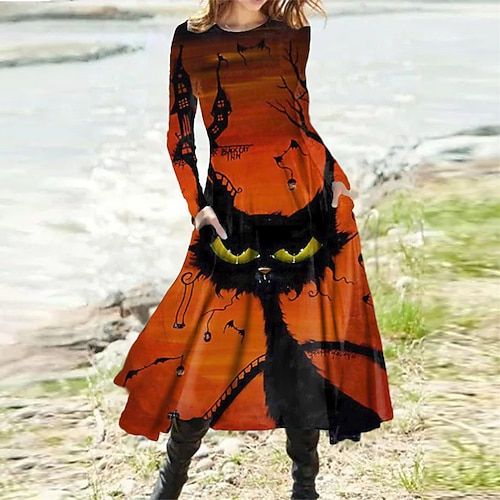 

Women's Casual Dress Swing Dress Midi Dress Orange Long Sleeve Animal Cat Pocket Print Fall Winter Round Neck Vacation Casual Halloween 2022 S M L XL XXL 3XL