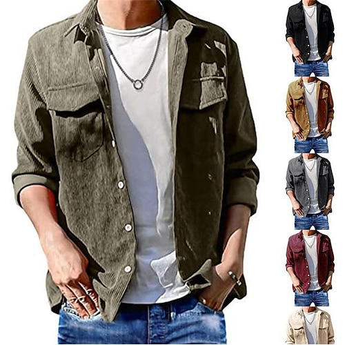 

Men's Shirt Overshirt Flannel Shirt Shirt Jacket Solid Color Turndown Wine Green Black Gray Brown Long Sleeve Daily Holiday Button-Down Tops Simple Casual Comfortable Pocket / Spring / Fall