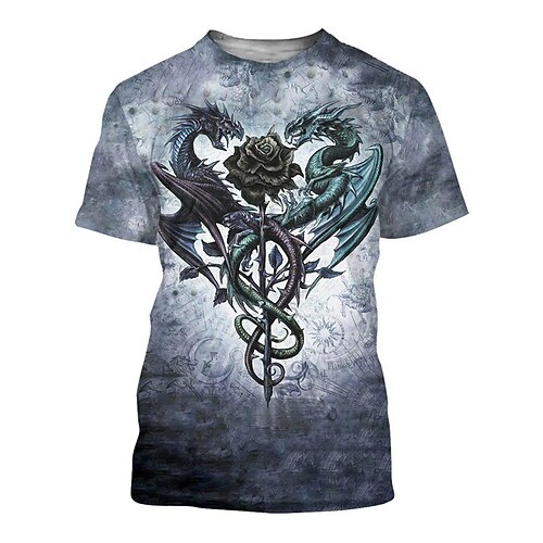 

Men's T shirt Tee Dragon Rose Graphic Prints Crew Neck Gray 3D Print Outdoor Street Short Sleeve Print Clothing Apparel Sports Designer Casual Big and Tall / Summer / Summer