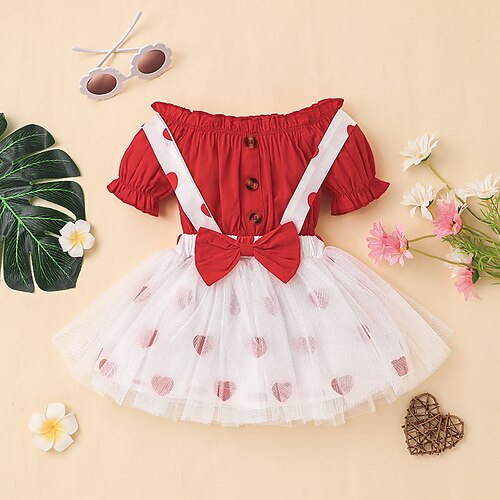 

Kids Girls' T-shirt Skirt Clothing Set 2 Pieces Short Sleeve Red Heart Street Vacation Active Sweet 2-6 Years