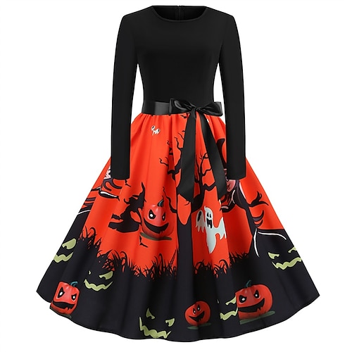 

Women's Swing Dress Black Long Sleeve Pumpkin Bow Winter Fall Autumn Crew Neck Fashion Winter Dress Fall Dress 2022 S M L XL XXL
