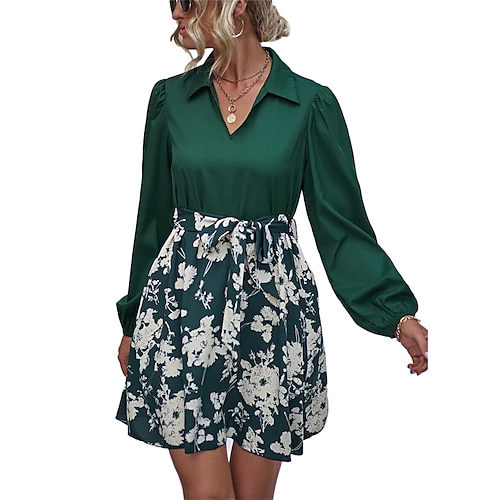 

Mulheres Vestido verde esmeralda Vestido floral Verde Manga Longa Floral Com cinto Inverno Outono Colarinho de Camisa Moda 2022 S M L XL XXL