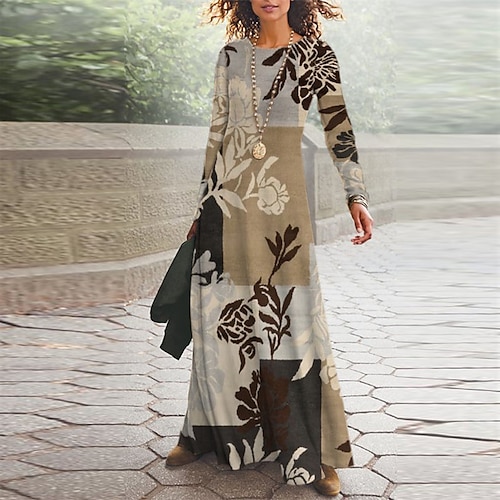 

Women's Casual Dress Swing Dress Long Dress Maxi Dress Yellow Camel Khaki Long Sleeve Floral Pocket Winter Fall V Neck Winter Dress Fall Dress 2022 S M L XL XXL 3XL