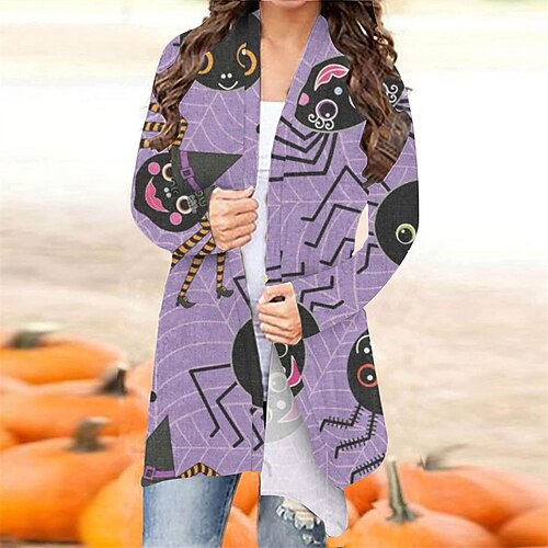 

Women's Casual Jacket Windproof Warm Outdoor Halloween Vacation Casual Daily Print Cardigan V Neck Comfortable Street Style Halloween Animal Regular Fit Outerwear Long Sleeve Winter Fall Black Purple