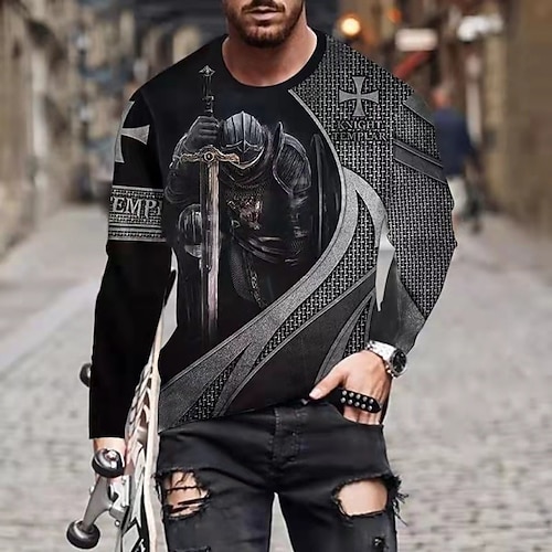 

Men's Unisex T shirt Tee Templar Cross Graphic Prints Human Crew Neck Black 3D Print Outdoor Street Long Sleeve Print Clothing Apparel Basic Sports Designer Casual