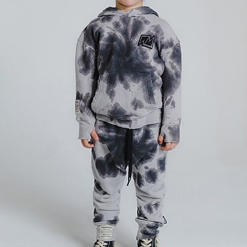 

2 Pieces Kids Unisex Hoodie & Pants Clothing Set Outfit Tie Dye Long Sleeve Cotton Set Street Cool Comfort Winter Fall 2-12 Years Gray
