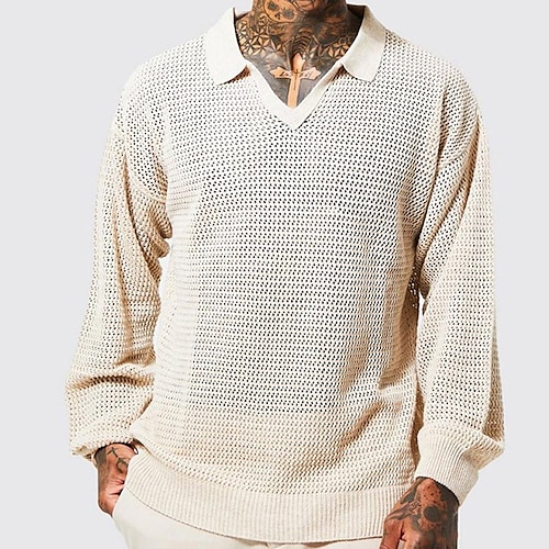 

Men's Collar Polo Shirt Knit Polo Sweater Solid Color Turndown White Street Daily Long Sleeve Mesh Clothing Apparel Fashion Casual Chunky Comfortable