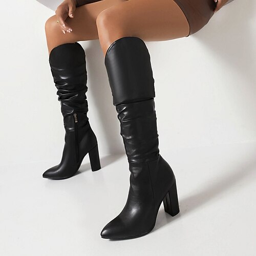 

Women's Boots Slouchy Boots Heel Boots Knee High Boots Chunky Heel Pointed Toe Elegant Daily Work PU Leather Zipper Fall Winter Solid Colored Black Rosy Pink Blue