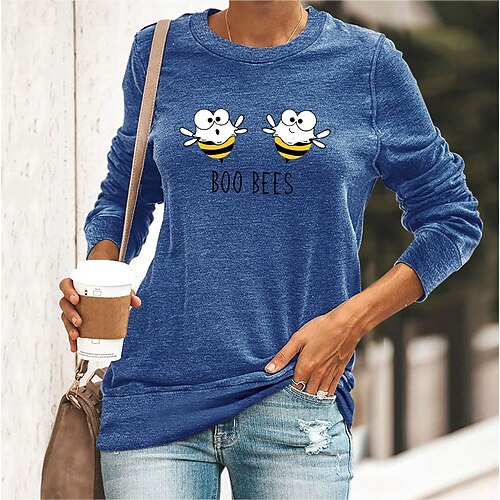 

Women's T shirt Tee Green Blue Yellow Letter Ghost Print Long Sleeve Halloween Casual Basic Round Neck Regular Cotton Floral S