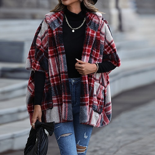 

Women's Windproof Warm Outdoor Street Daily Vacation Pocket Print Open Front Hoodie Fashion Casual Street Style Stripes and Plaid Regular Fit Outerwear Long Sleeve Winter Fall Black S M L XL
