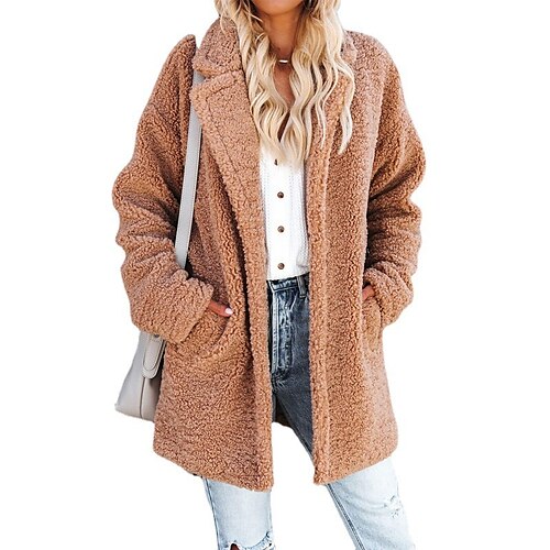 

Women's Teddy Coat Warm Breathable Outdoor Going out Casual Daily Park Pocket Single Breasted Turndown Active Comfortable Street Style Solid Color Regular Fit Outerwear Long Sleeve Winter Fall Khaki