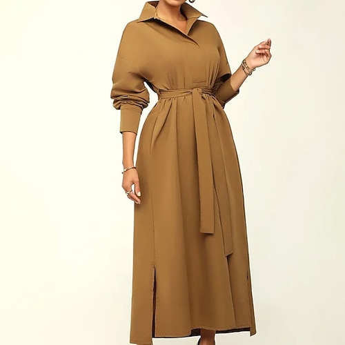 

Women's Shirt Dress A Line Dress Maxi long Dress Yellow Long Sleeve Pure Color Lace up Fall Winter Shirt Collar Fashion Modern 2022 S M L XL XXL