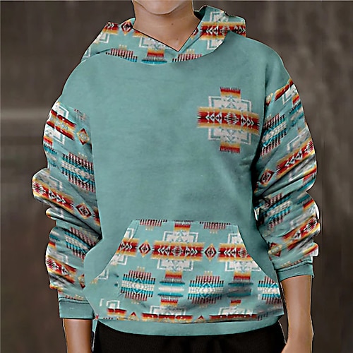 

Kids Boys Hoodie Geometric Outdoor 3D Print Long Sleeve Pocket Active 3-13 Years Winter Blue